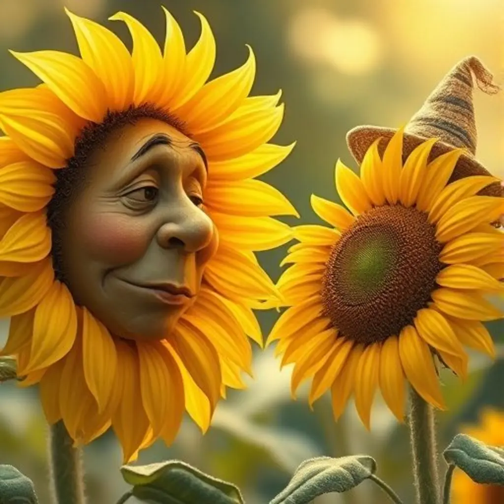 Un girasol joven escucha atentamente a un girasol anciano, con Paja al fondo.