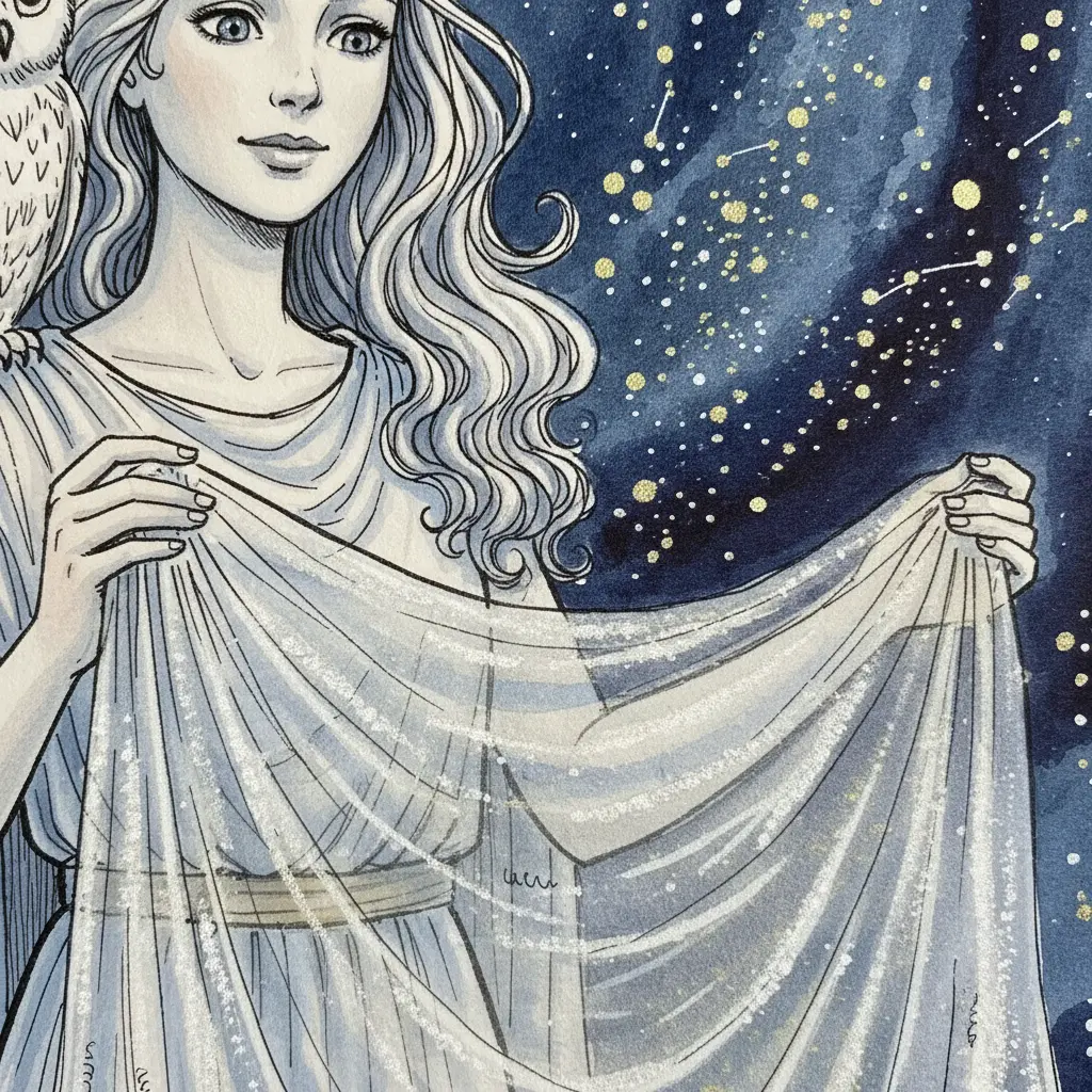 Las manos de Atenea bordan estrellas diminutas en el velo transparente.