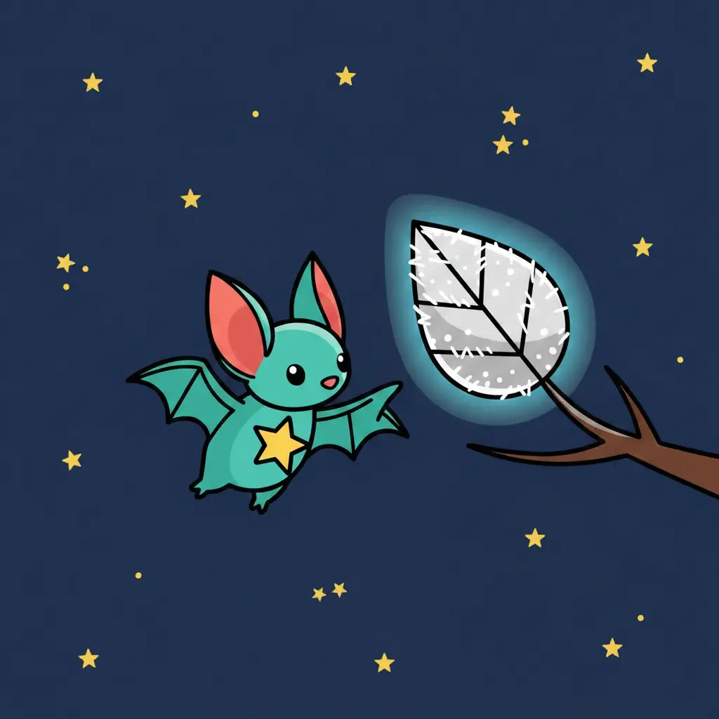 Pip toca una hoja de color plateado que brilla bajo la luna en un bosque oscuro.