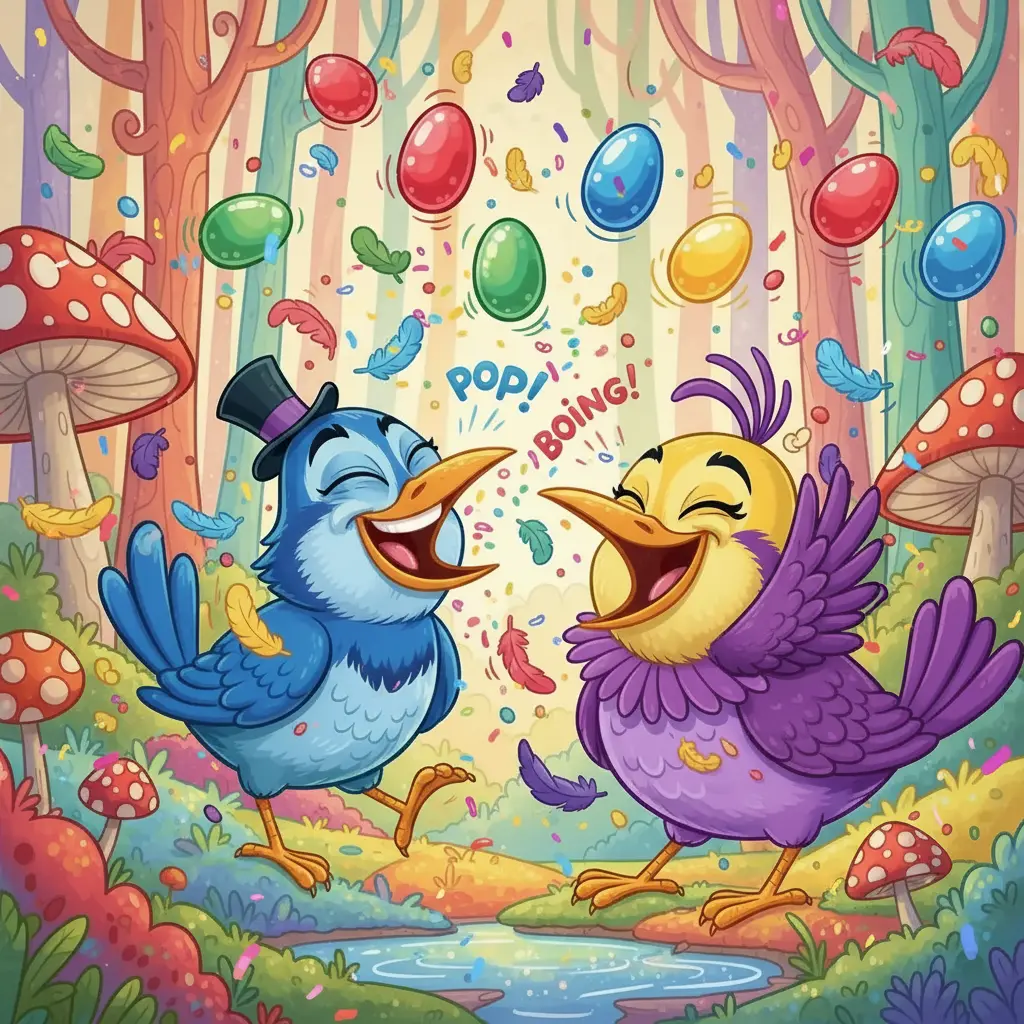 Los Pájaros Dramáticos ríen y disfrutan del espectáculo, mientras el bosque se llena de colores y alegría.