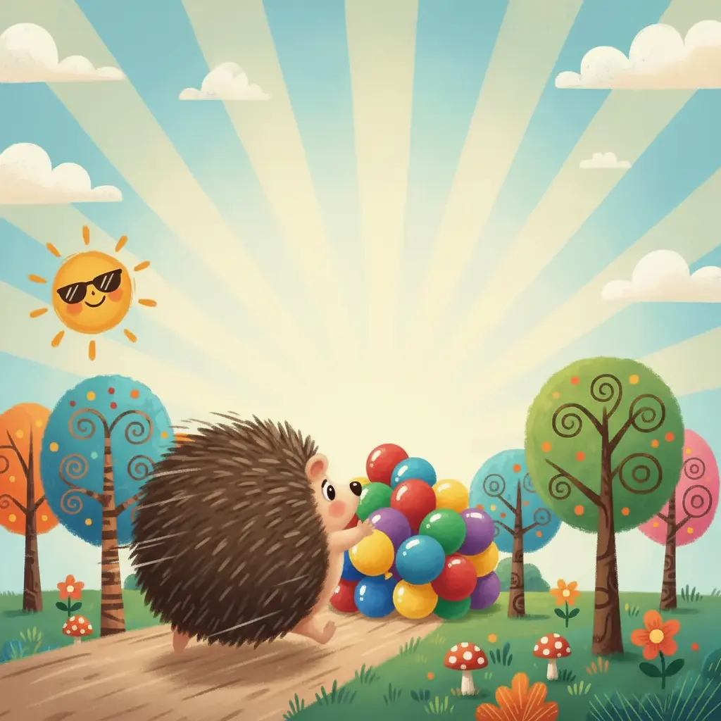 Erizo Rueditas, muy redondo, rueda rápido por el bosque antes de chocar con globos.