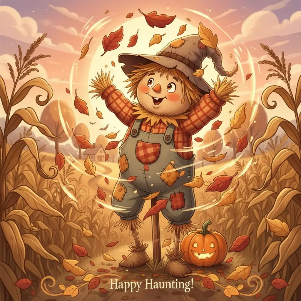 Espantapájaros Risitas baila y hace malabarismos con hojas secas mientras el viento sopla.