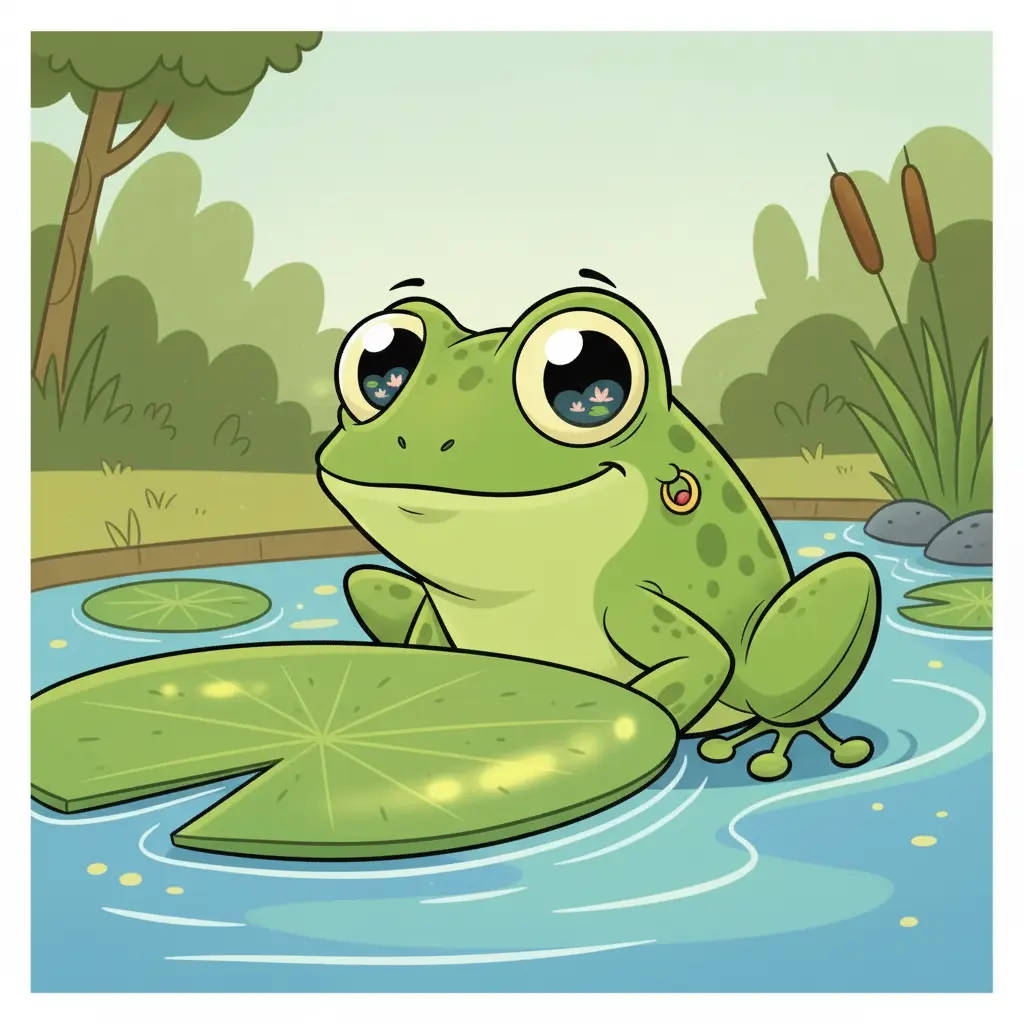 El sapito Brincos asoma su cabeza por una hoja de nenúfar, observando con curiosidad el estanque.