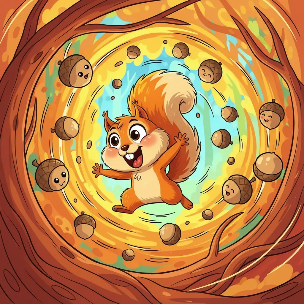 Chispita corre y salta por las ramas, persiguiendo sus bellotas con alegría.