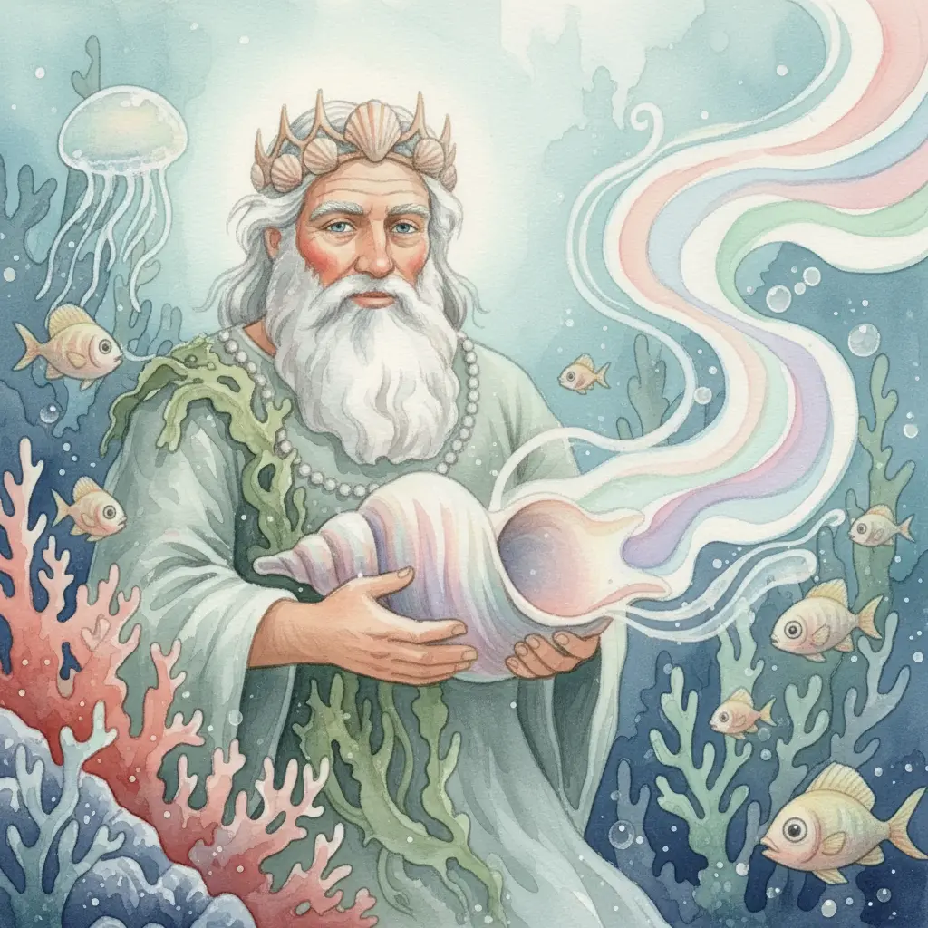 Poseidón sopla suavemente en una concha, mientras criaturas marinas observan con curiosidad el delicado brillo.