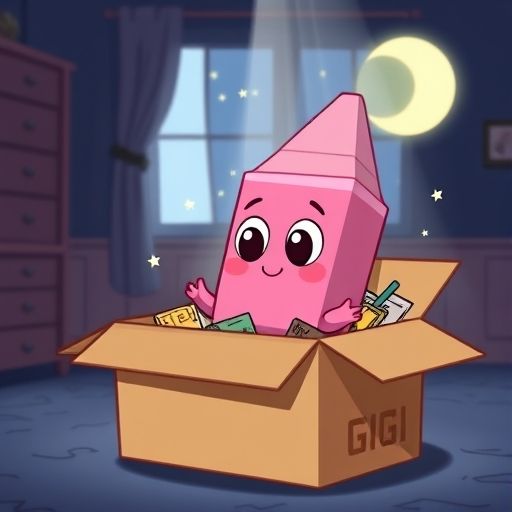 Gigi, una goma de borrar rosa, cae en una caja de cartón llena de dibujos viejos bajo la luz de la luna.