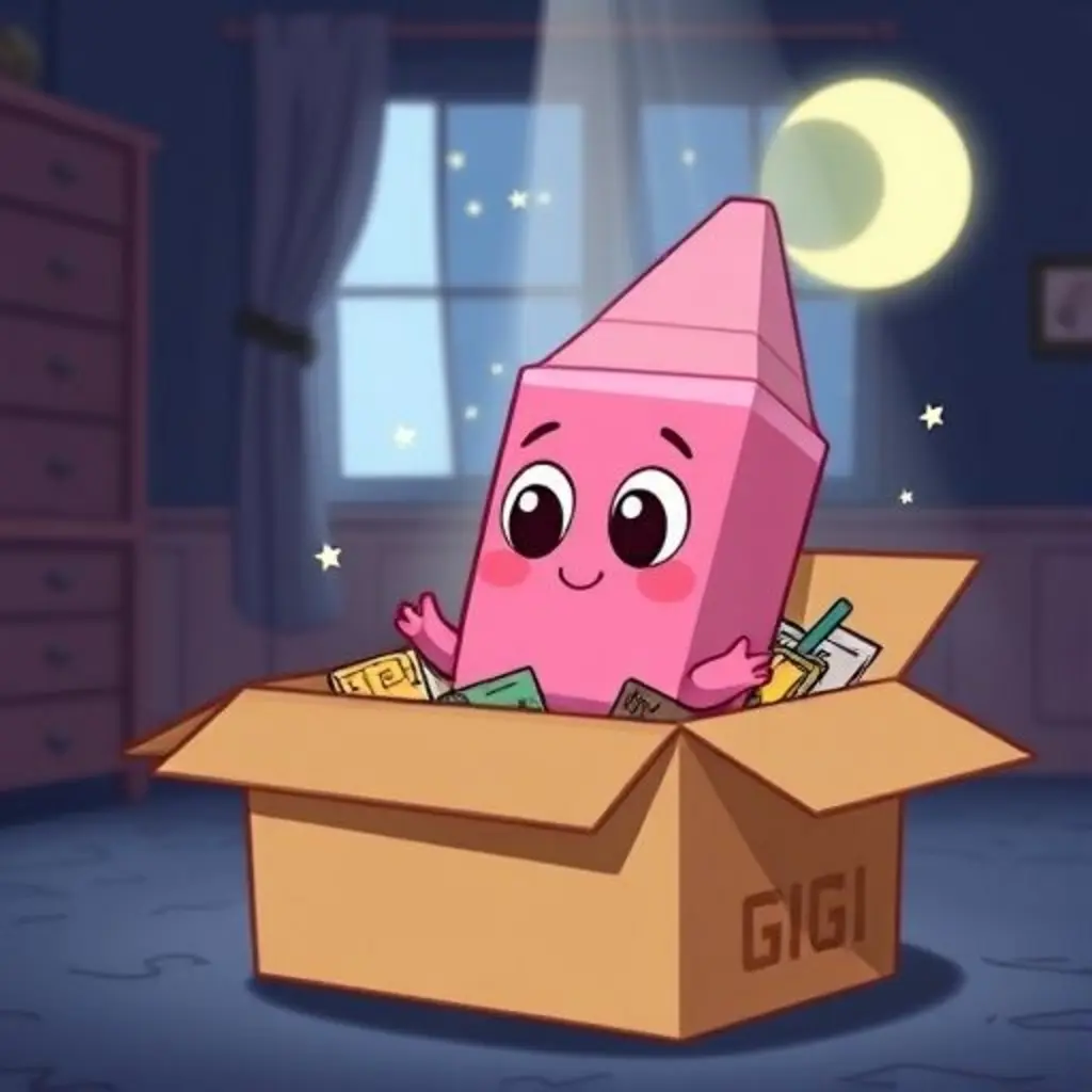 Gigi, una goma de borrar rosa, cae en una caja de cartón llena de dibujos viejos bajo la luz de la luna.