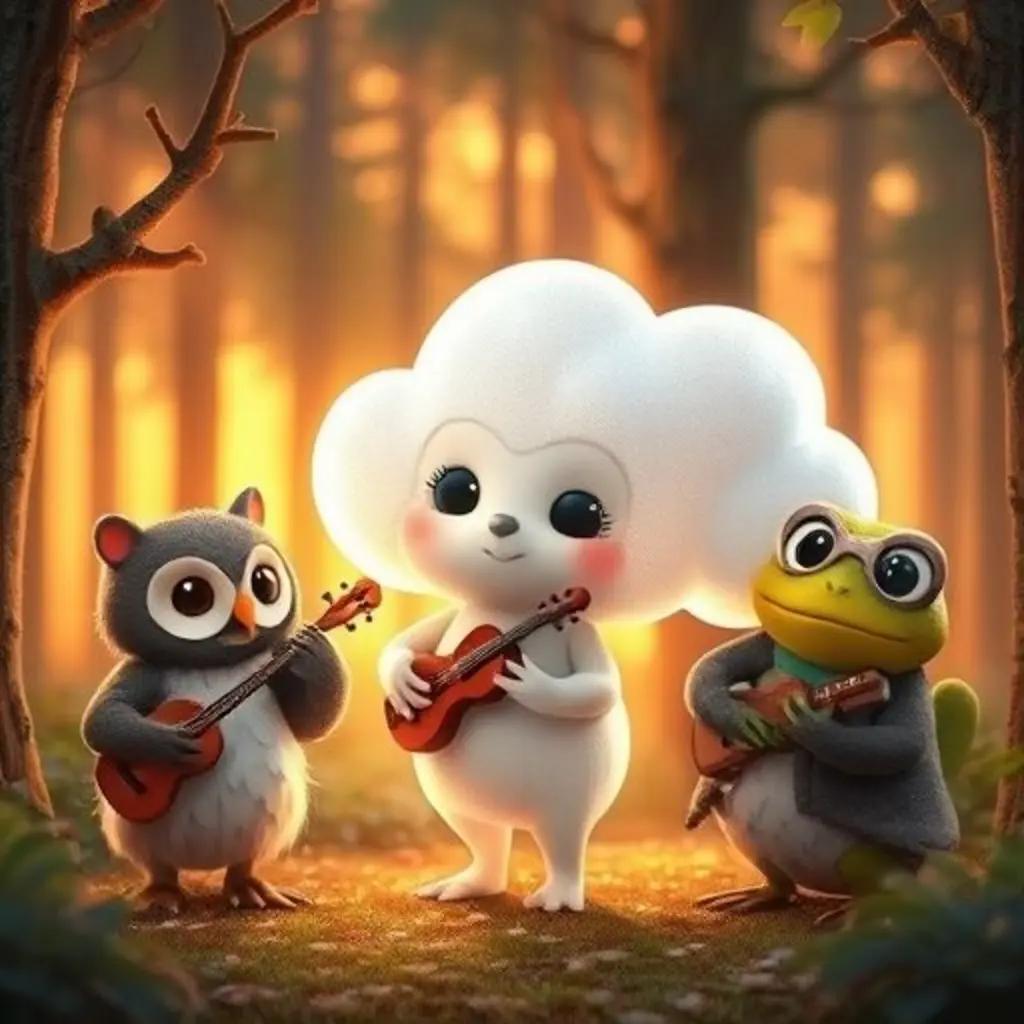 La orquesta del bosque, con Susurro, toca una sinfonía armoniosa al atardecer.