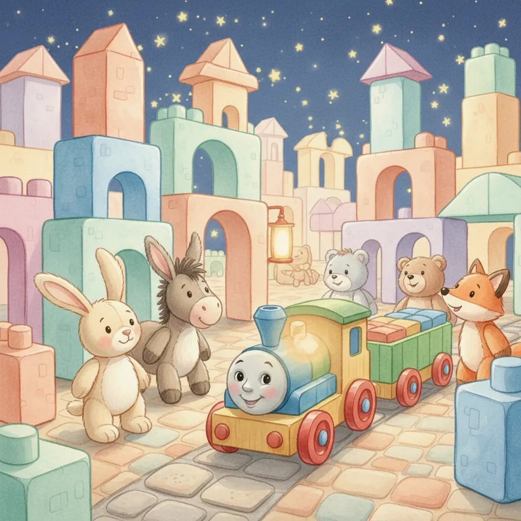 Tren Pequeñín, el tren de juguete, descansa en el pueblo de bloques bajo las estrellas, sintiendo la calidez de sus amigos cerca.