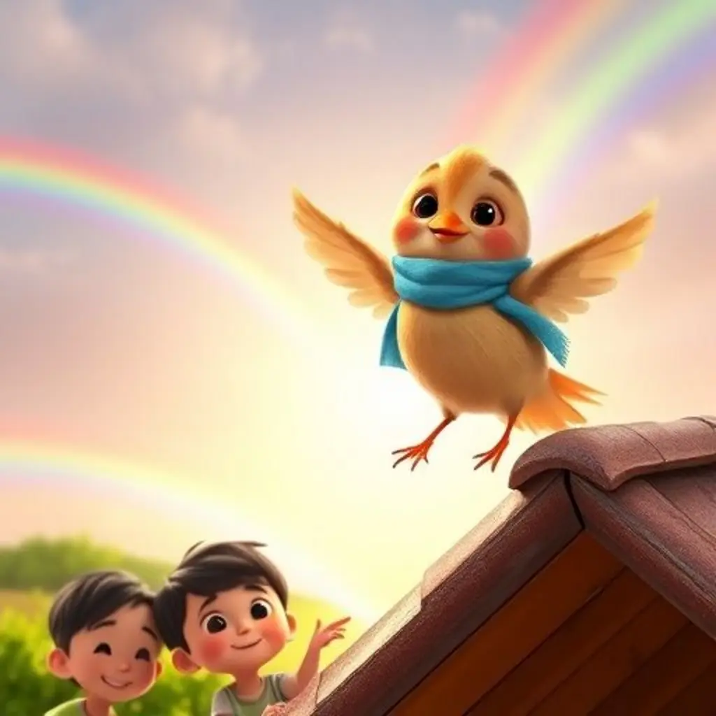 Riqui el gorrión vuela feliz sobre el tejado, creando muchos arcoíris que los niños de abajo miran con asombro.