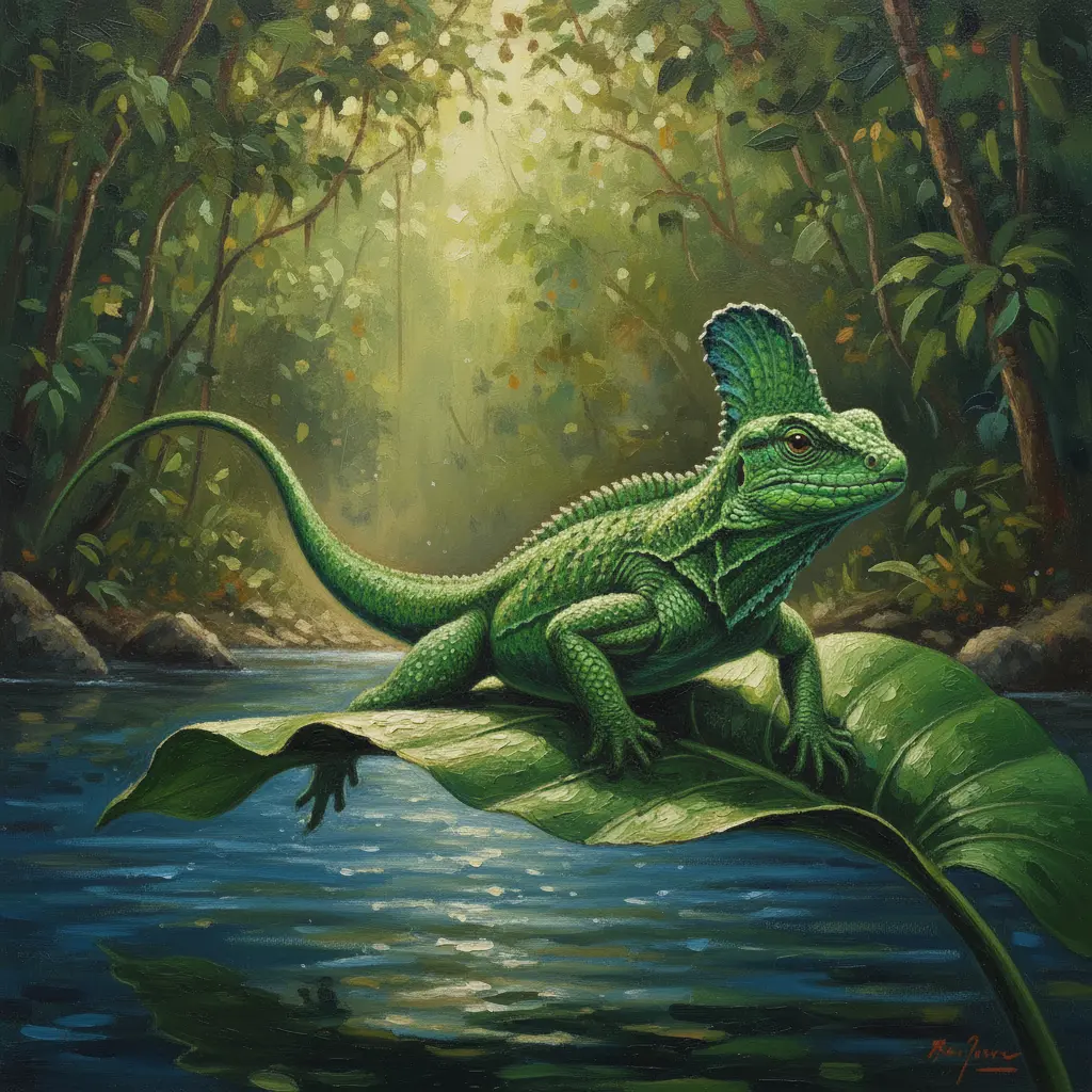 El basilisco sentado sobre una gran hoja verde al otro lado del río, seco y tranquilo después de su carrera.