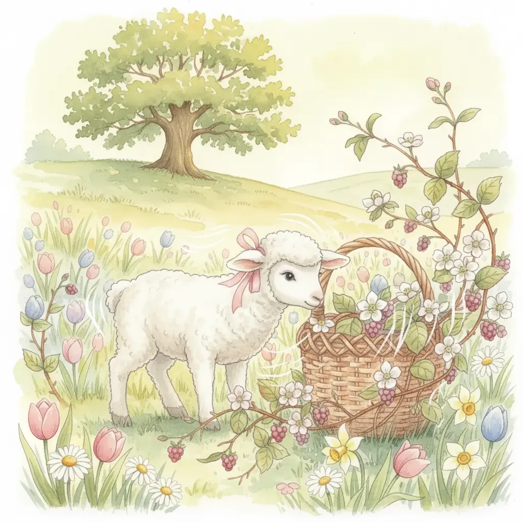 La ovejita empuja la cesta hacia los lados con cuidado para soltarla de las espinas.