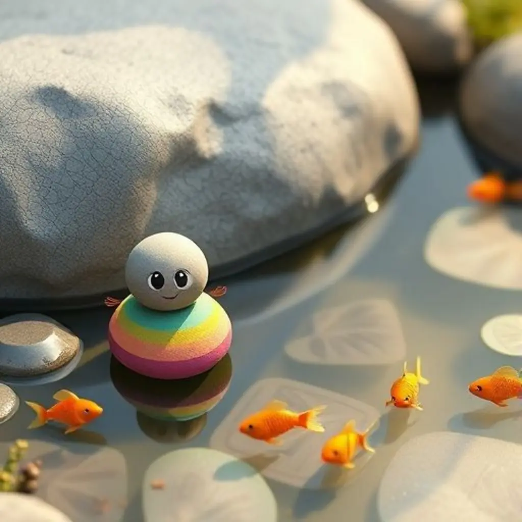 Rodillo muestra a Roca Ponderosa cómo crear patrones de hojas suavemente. Los peces de colores nadan felices en los nuevos patrones.