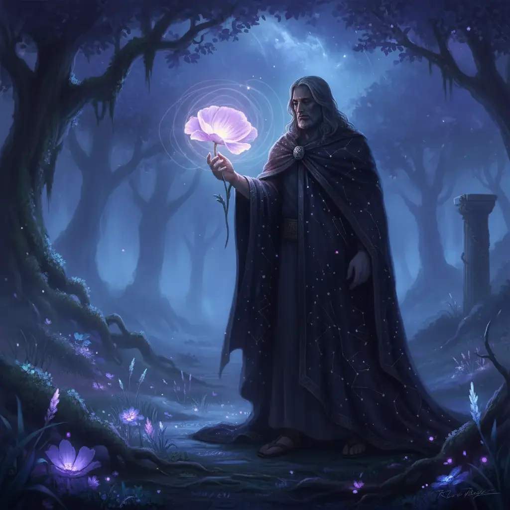 Hades camina por los Campos Elíseos, observando una amapola que brilla y canta suavemente.