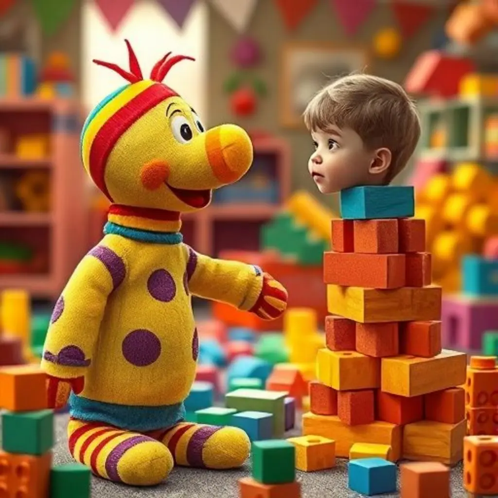 Rayitas con rayas amarillas y moradas, mirando a un niño sorprendido por una torre de bloques caída.