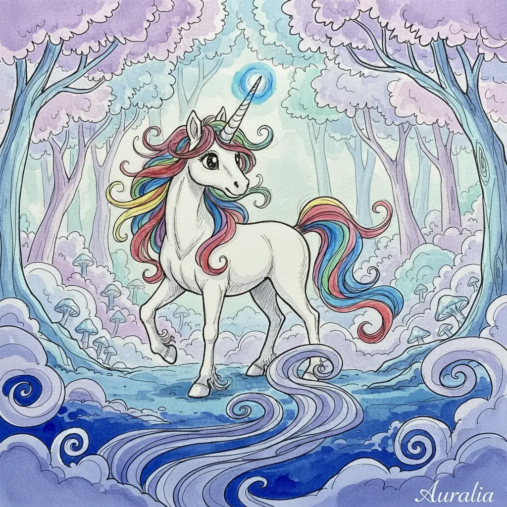 Un pequeño unicornio con crin de arcoíris mira asombrado un bosque mágico y brillante.