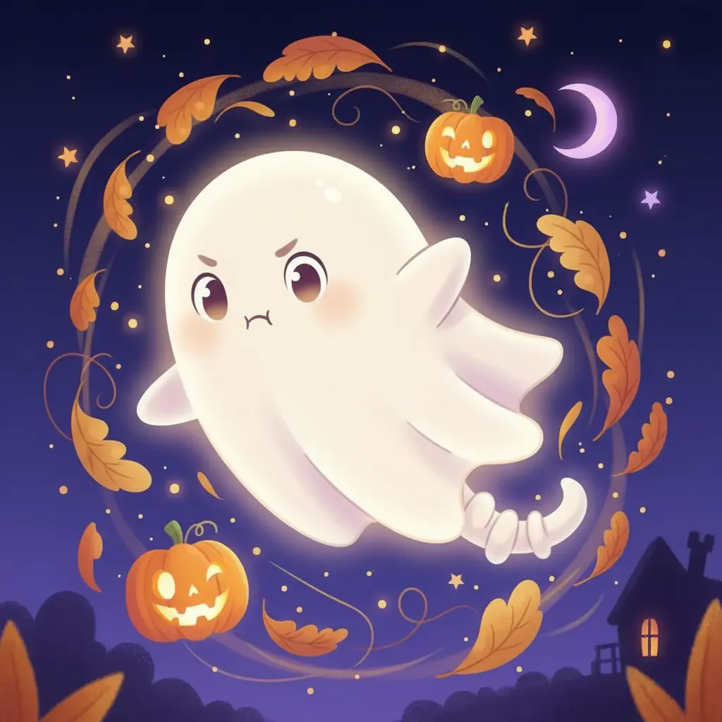 Fantasmín, un fantasma joven y patoso, intentando flotar pero tropezando en el aire.