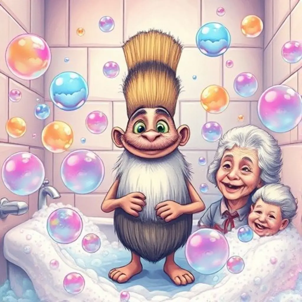 Bigotes, el pincel, Leo y la abuela disfrutan de un baño lleno de burbujas mágicas y risas.