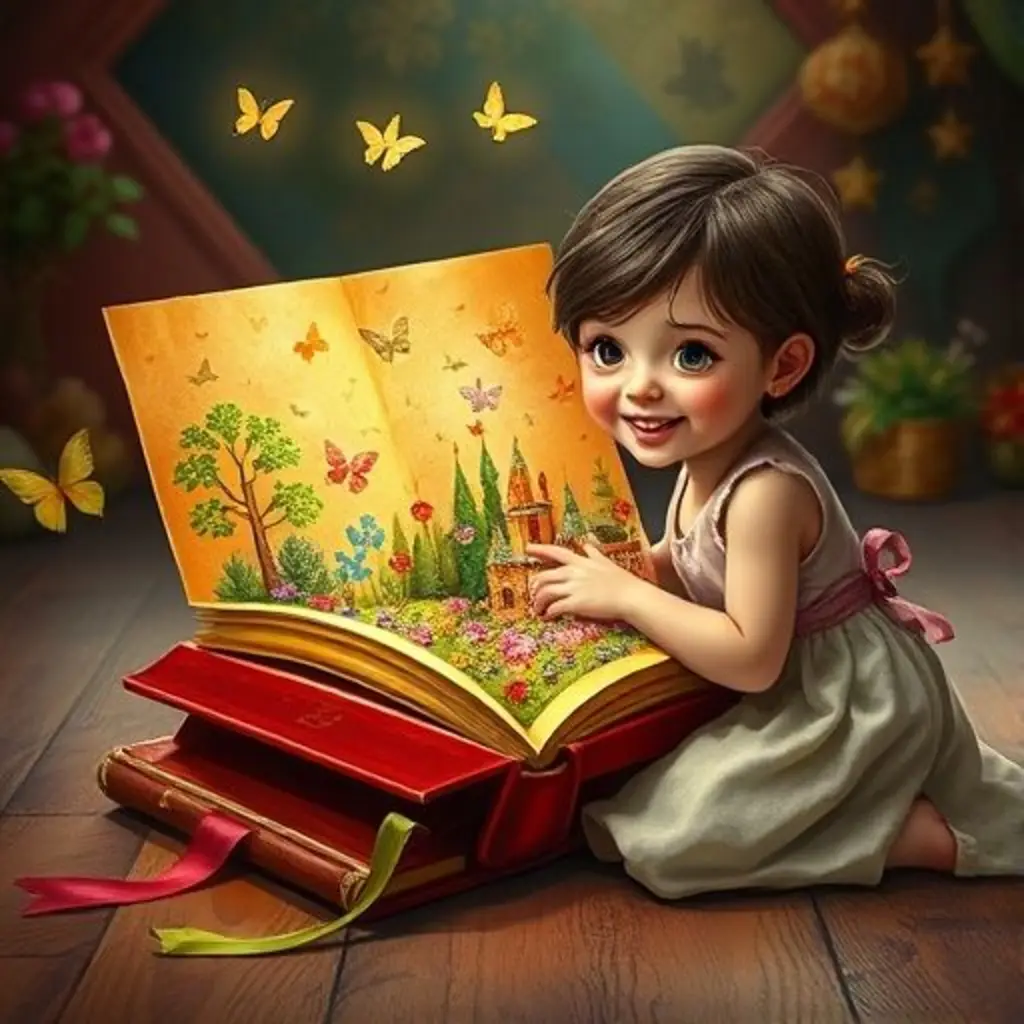 Lila se arrodilla junto a Libro Saltarín, que está abierto mostrando un jardín mágico en pop-up, y sonríe con asombro.