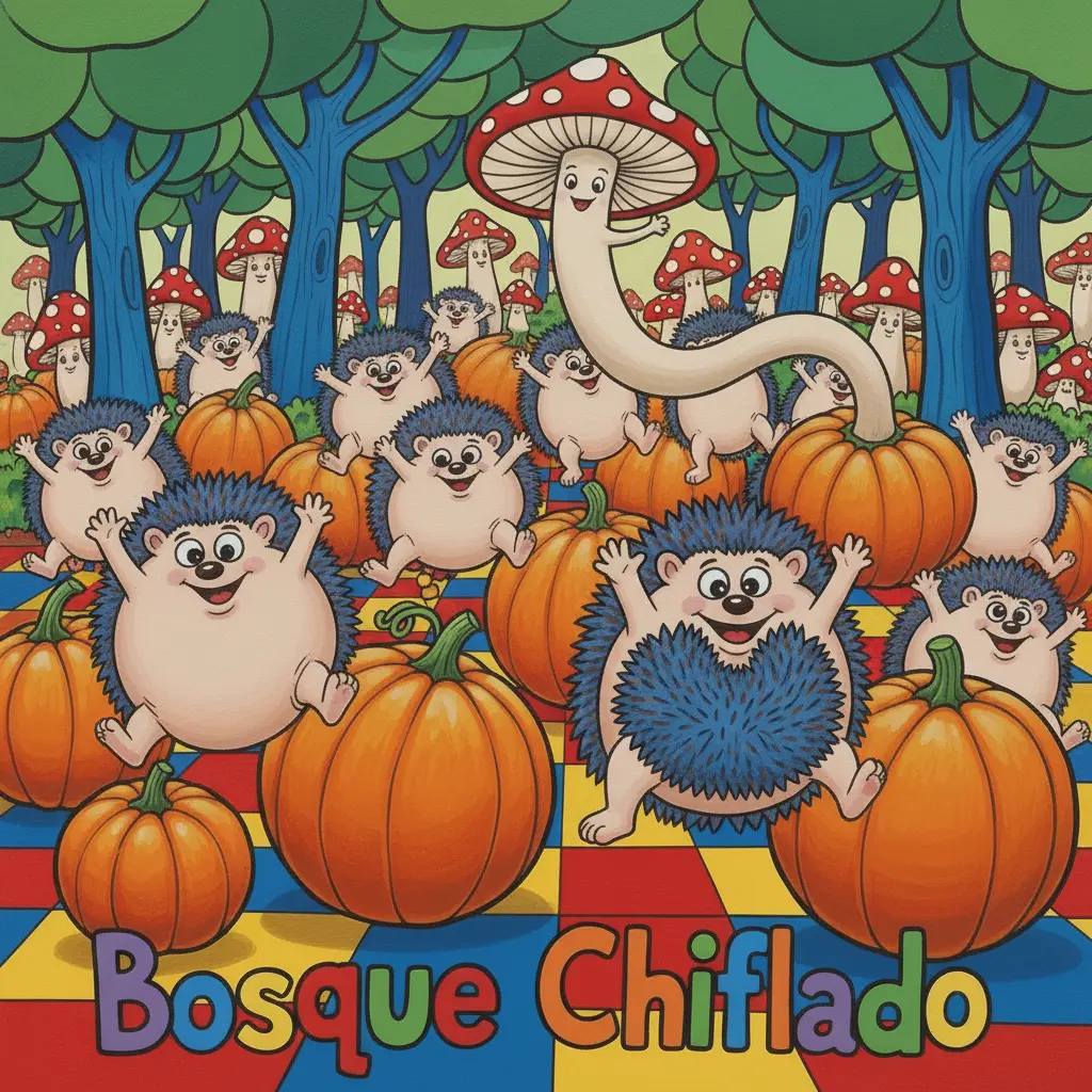 Erizos elásticos rebotan contra calabazas y setas saltarinas en medio del bosque.