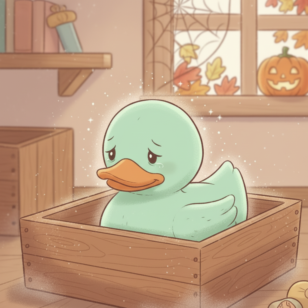Un patito de goma verde menta, Patito de Menta, sentado solo y triste en una caja de juguetes.