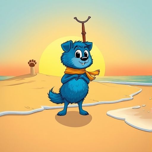Ripo el Rodillo en la playa al atardecer, viendo una pata asomarse de una duna.