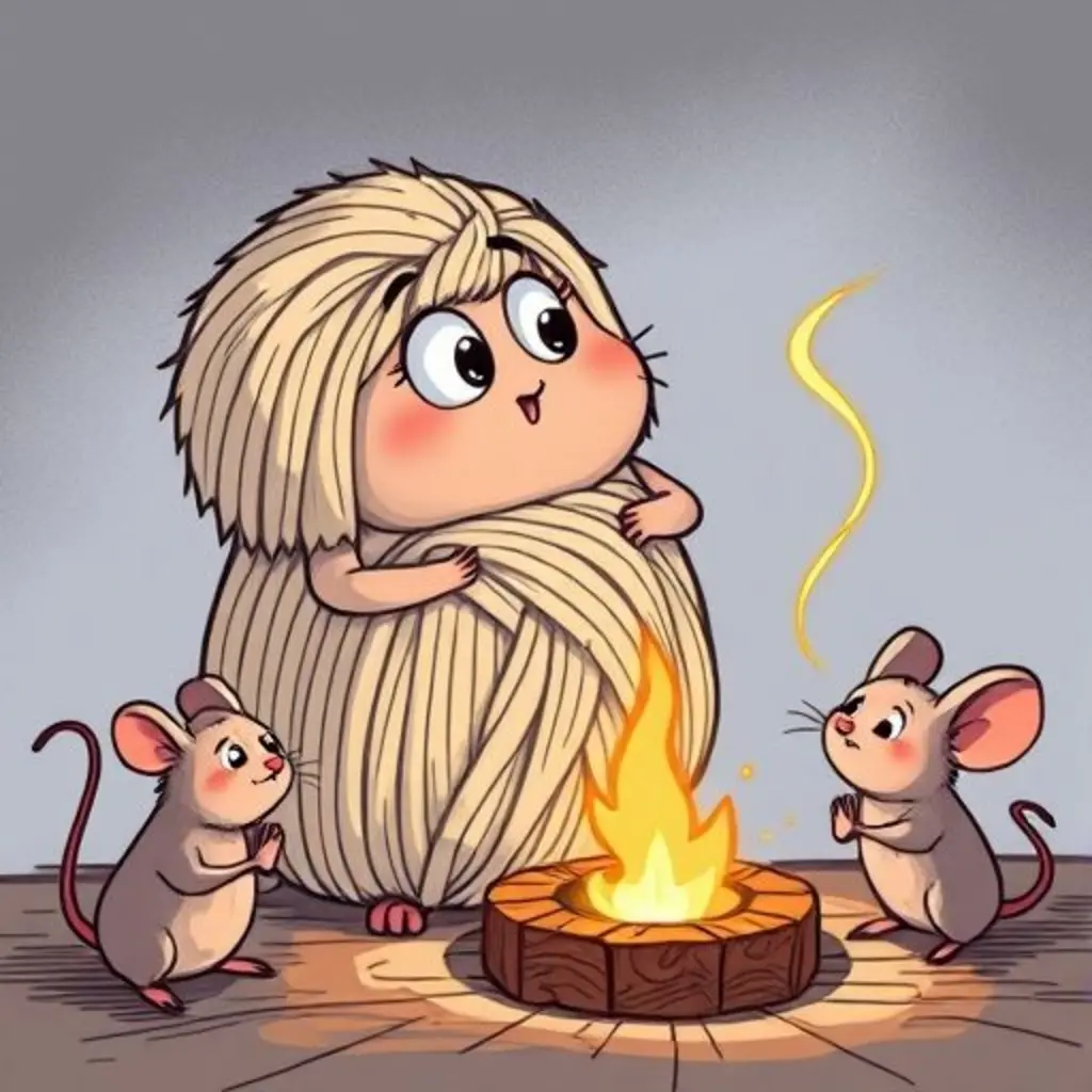 Ovillo Pelusa, asombrado, ve cómo una chispa del fuego da vida a uno de sus hilos, formando una figura.