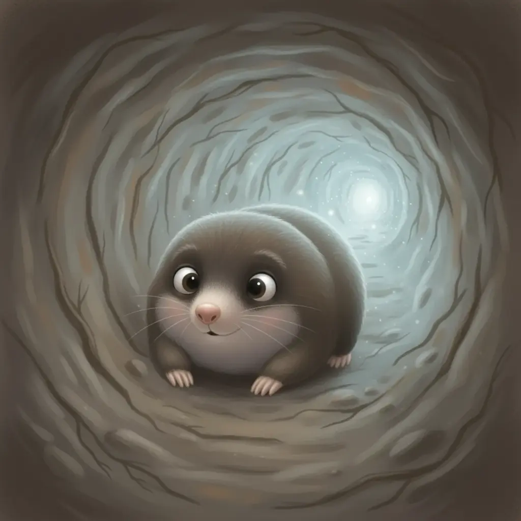 Topito explorando un túnel sinuoso con su linterna de luciérnaga.