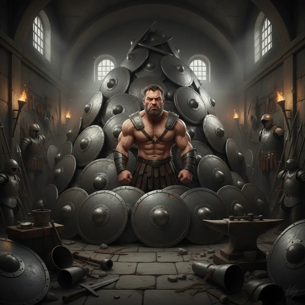 Ares, el dios de la batalla, observa sus escudos grises con una expresión de aburrimiento y frustración.