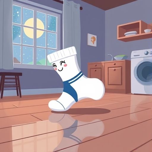Atleta, un calcetín blanco, se desliza por el suelo de madera de una lavandería, bajo la luz de la luna y las estrellas.