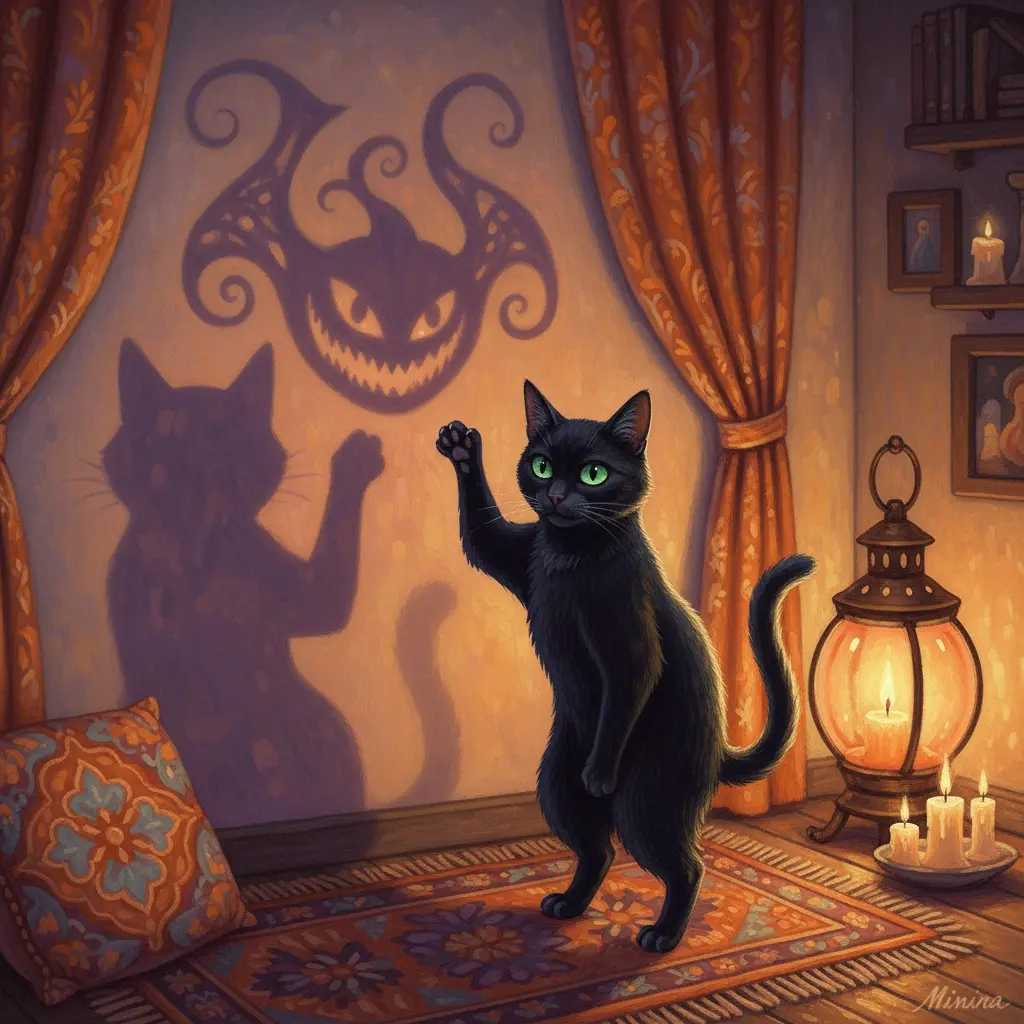 Minina, una gata negra, intenta hacer una sombra con su pata, mientras su sombra ya se divierte transformándose.
