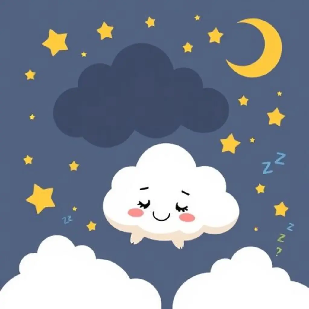 Nimbo, una nube blanca, mirando una estrella junto a una nube oscura y otras nubes dormilonas.