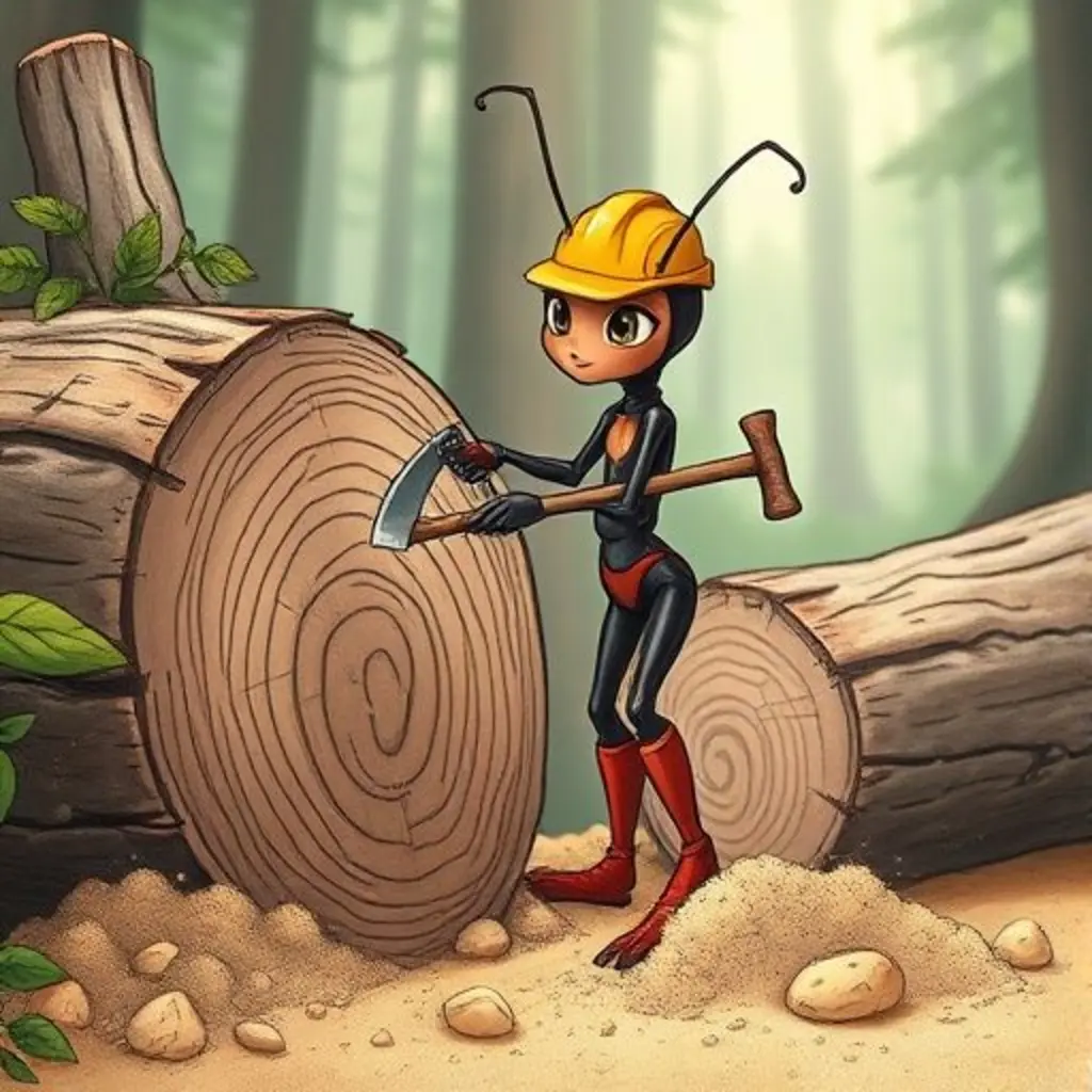 Arquitecta, una hormiguita con casco y botas rojas, excavando con su piqueta en un tronco caído.
