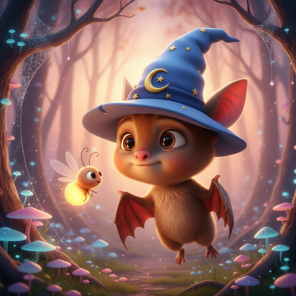 Bartolomé, el murciélago con sombrero de mago, vuela maravillado en un bosque mágico de Halloween, mientras una pequeña luciérnaga brillante, Luci, revolotea y comparte un secreto con él.