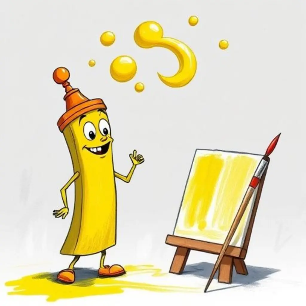 Pinta, el tubo de pintura, hace burbujas de color que flotan hacia el lienzo, mientras Brocha, el pincel, lo mira.