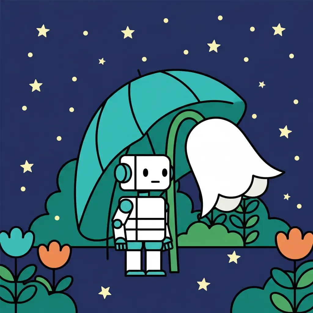 Dilo frente a una gran flor blanca que vibra suavemente en la noche azul.