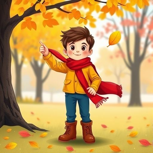 Leo lanza su bufanda roja hacia una rama, una hoja cae.