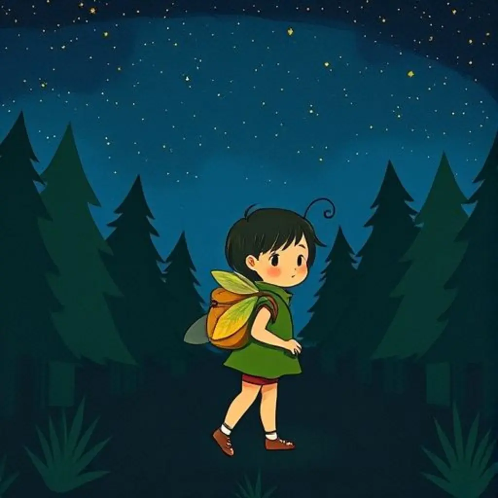 Miko la luciérnaga al borde de un bosque oscuro.