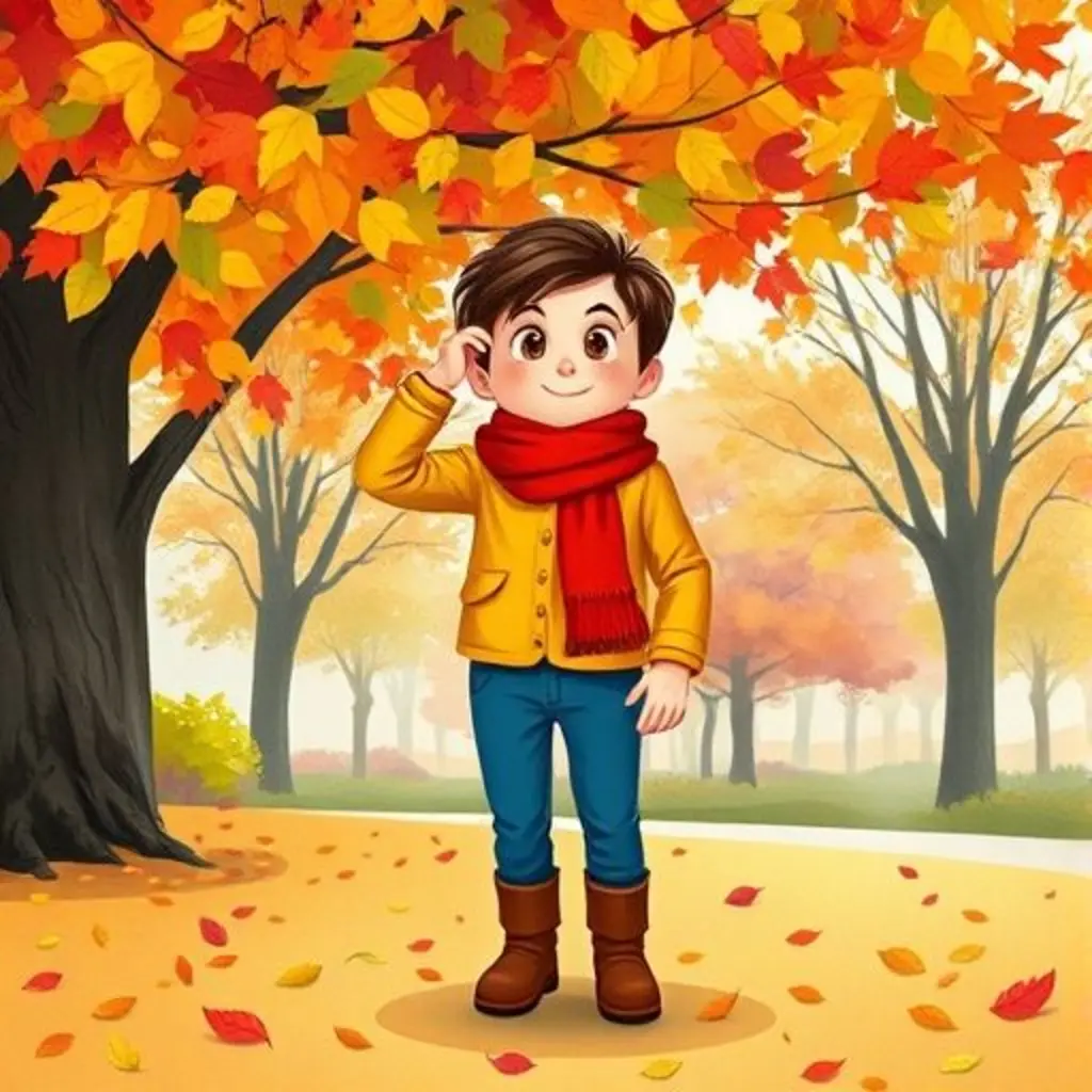 Leo en el parque de otoño rascándose la cabeza, mirando las hojas.