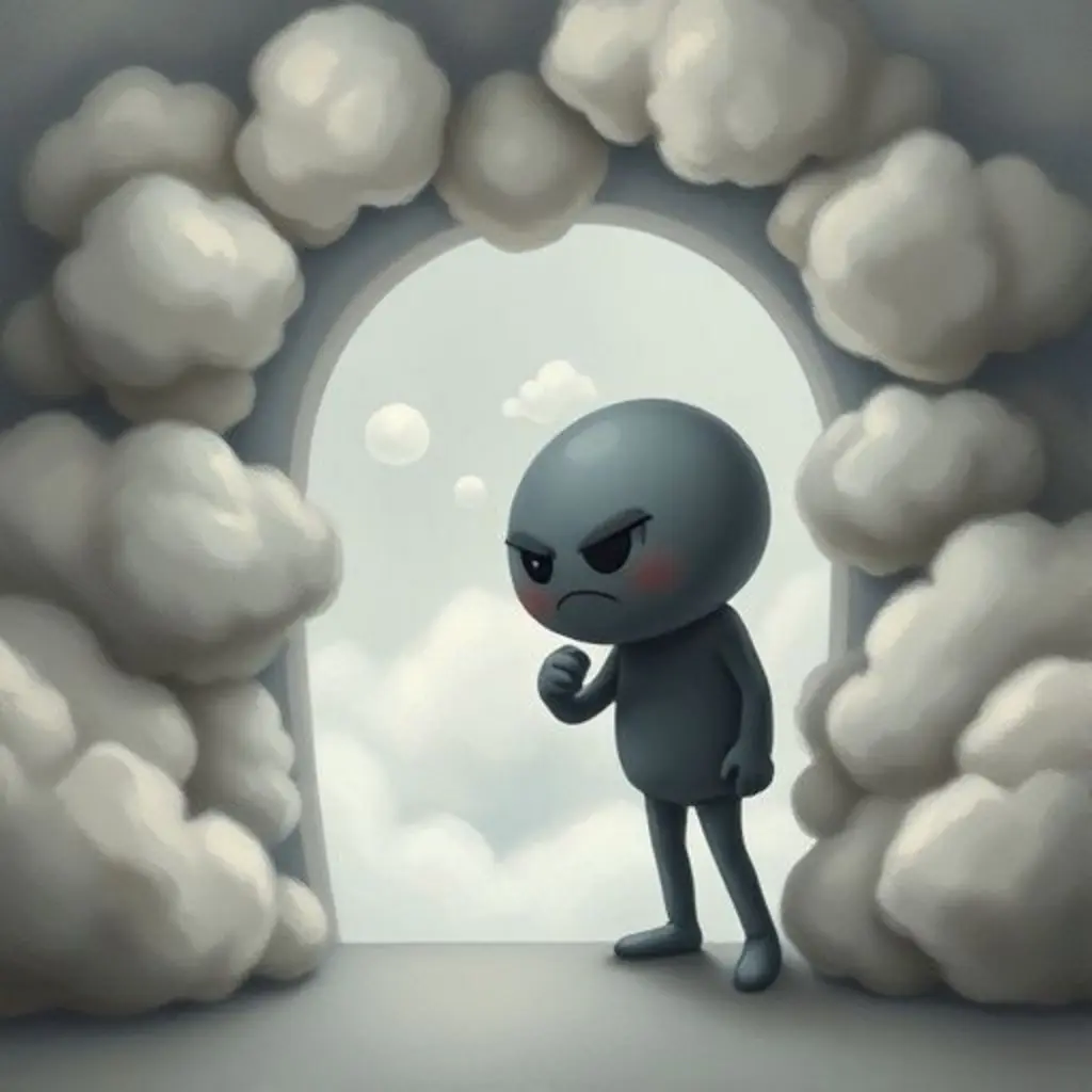 Botón Noche intenta abrir una puerta de sueño que parece una nube gris y pegada.