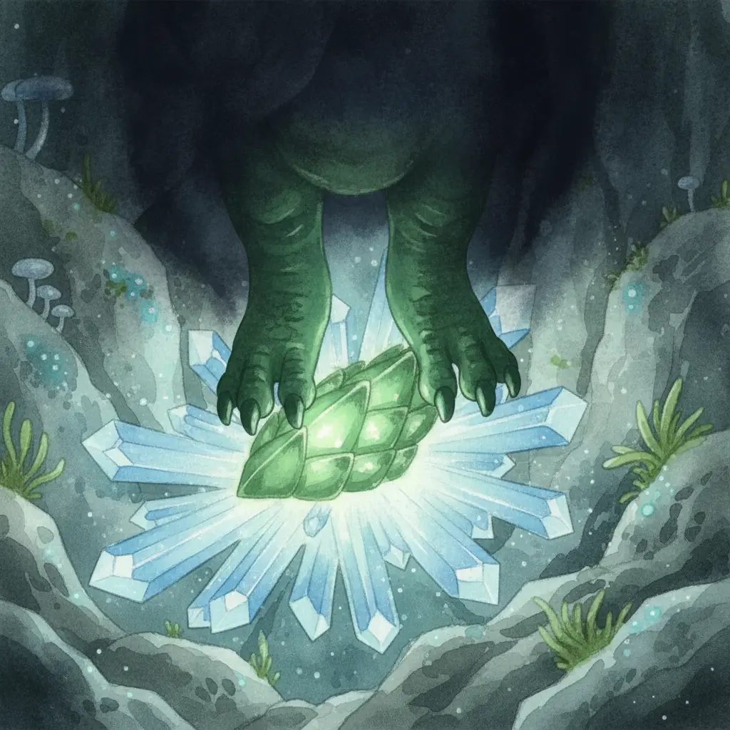 Unas patas verdes con garras redondeadas sobre una roca brillante en una cueva.