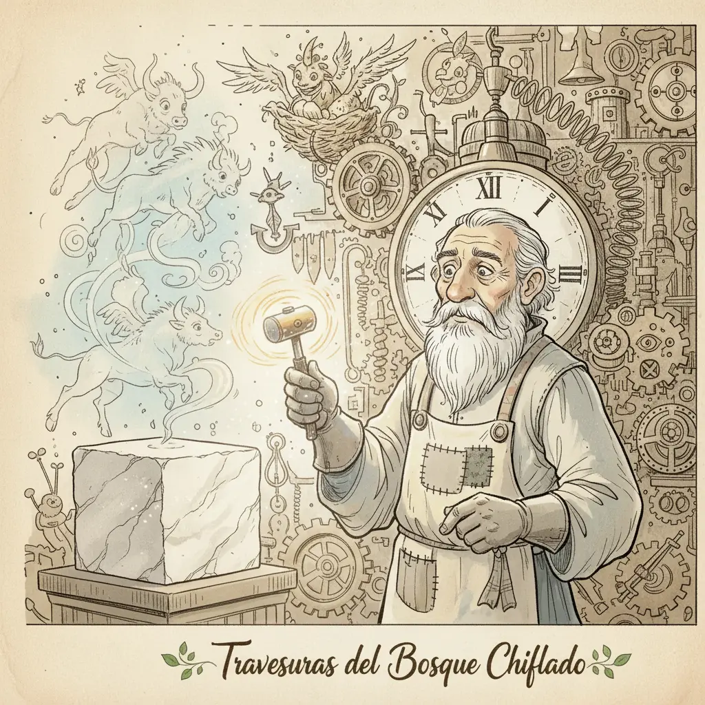 Dédalo acerca el martillo vibrante a un bloque de mármol liso, con curiosidad en su mirada.