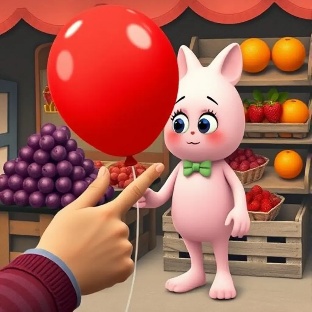 Borrina, la borradora mágica, se ríe al ver un globo rojo grande.