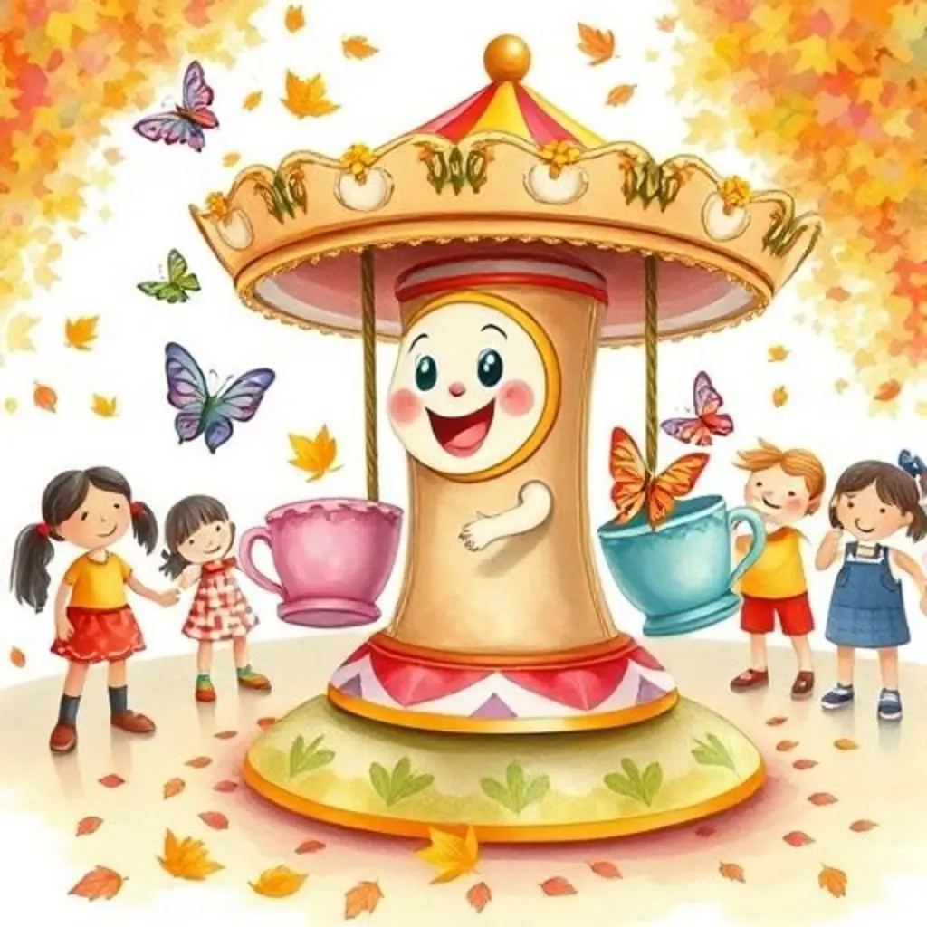 Tazas Giratorias girando felizmente, creando un torbellino de hojas de otoño mientras unos niños ríen y unas mariposas aletean.