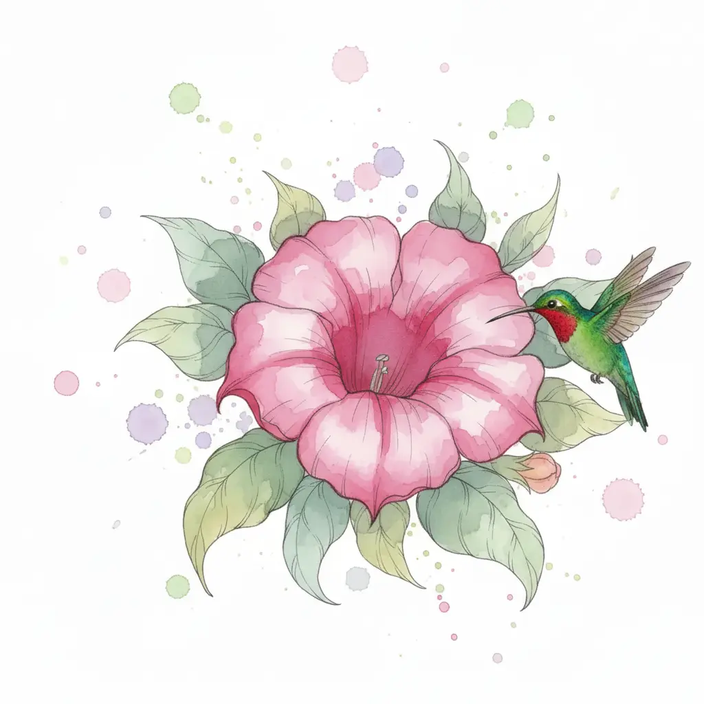 El colibrí completo, con colores verdes y rojos vibrantes, flota junto a la flor fucsia.