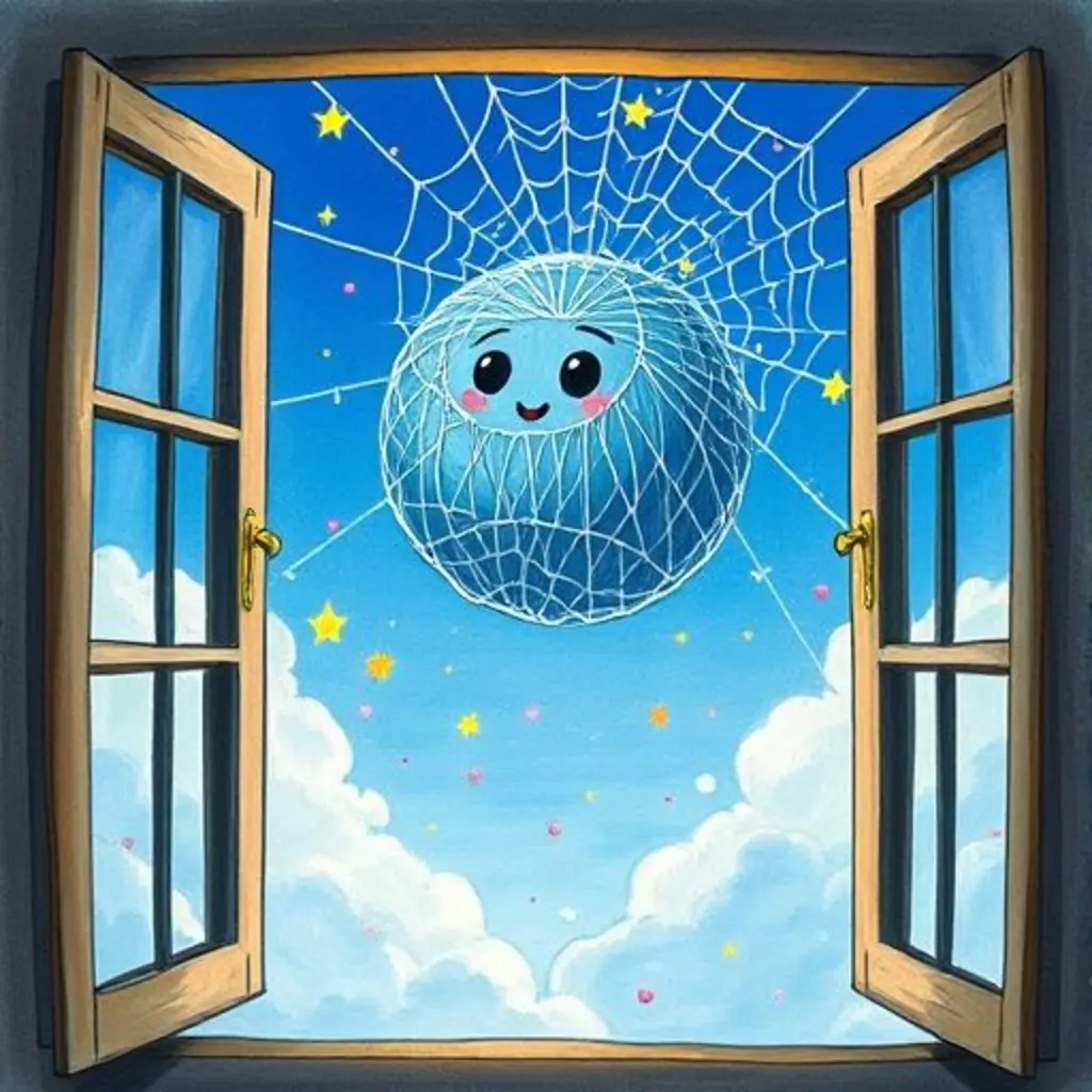 La gran telaraña de Bolita, llena de sueños brillantes, flota por la ventana abierta hacia el cielo.