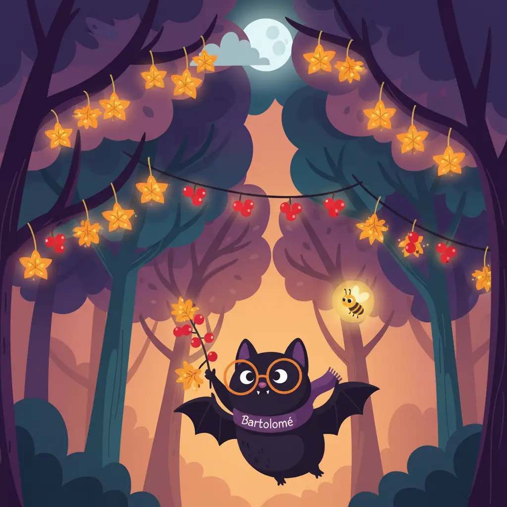 Bartolomé cuelga hojas brillantes y bayas luminosas en los árboles, observando un luciérnaga.