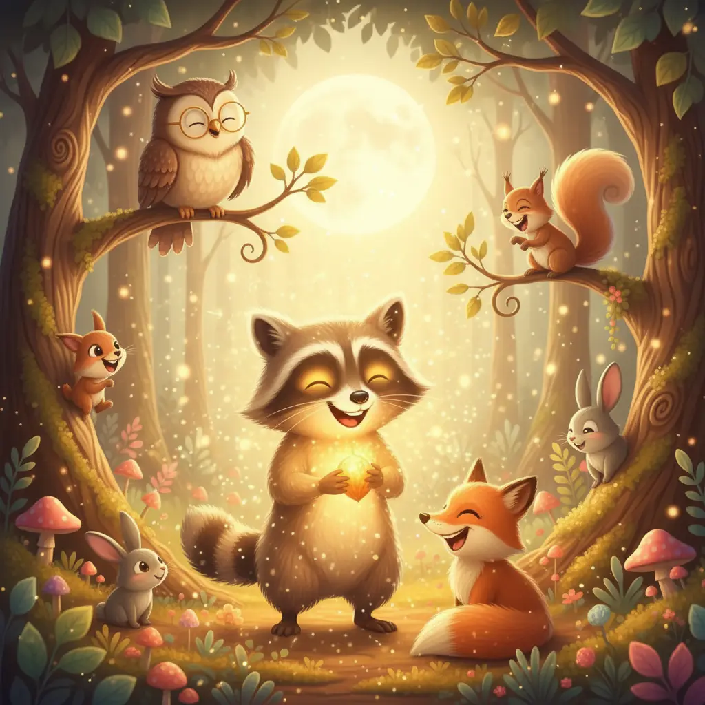 Mapache Olvidadizo sonríe feliz, rodeado de animales que ríen y aplauden en el Festival de la Luna Llena.