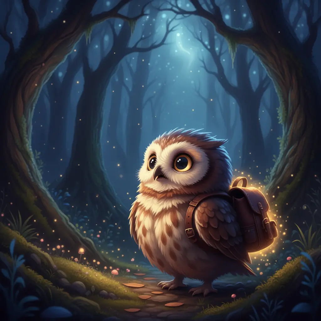 Nocturno se adentra en el bosque más oscuro. Su mochila vieja comienza a brillar con una luz cálida y mágica.