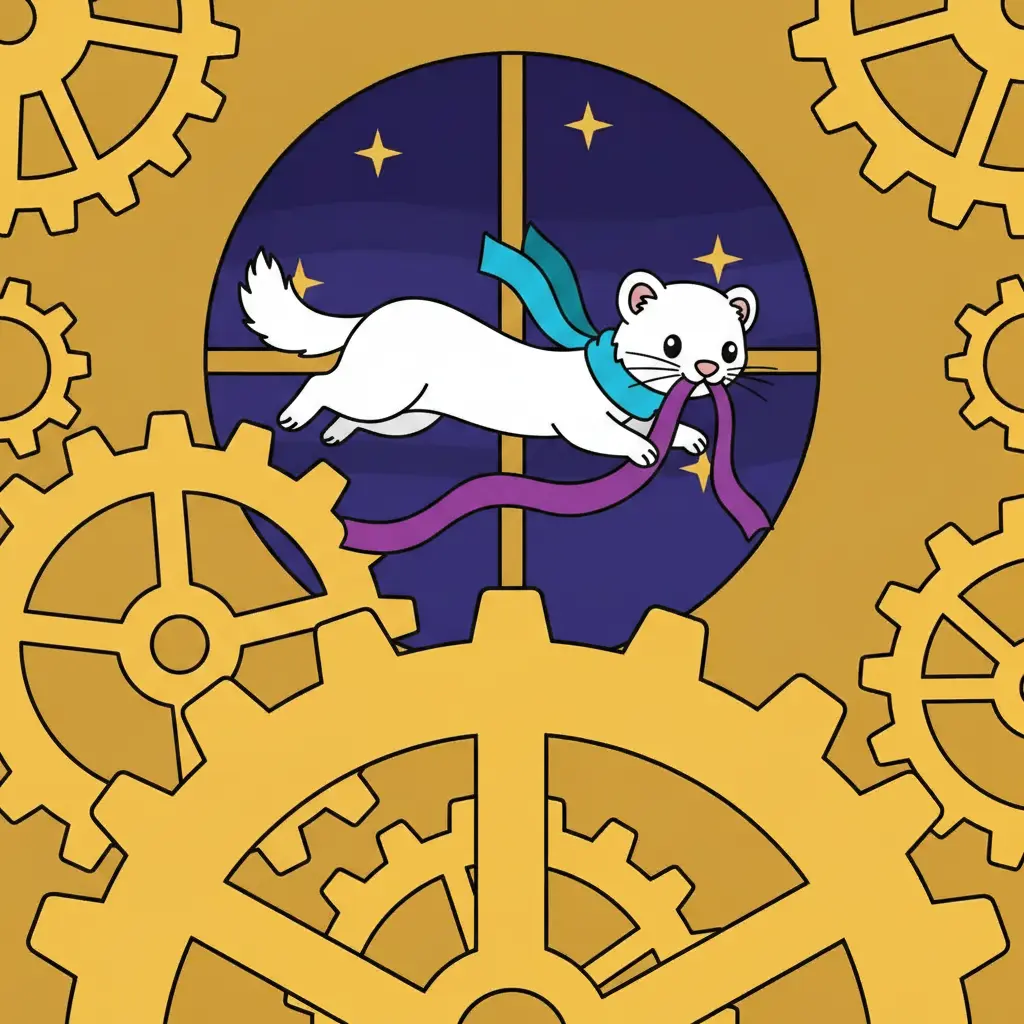 La armiño salta sobre engranajes dorados con una cinta morada.